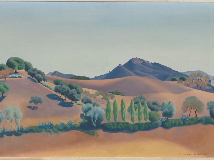 Rosemary STRACHEY. "Paysage espagnol". Huile sur panneau, signée en ba