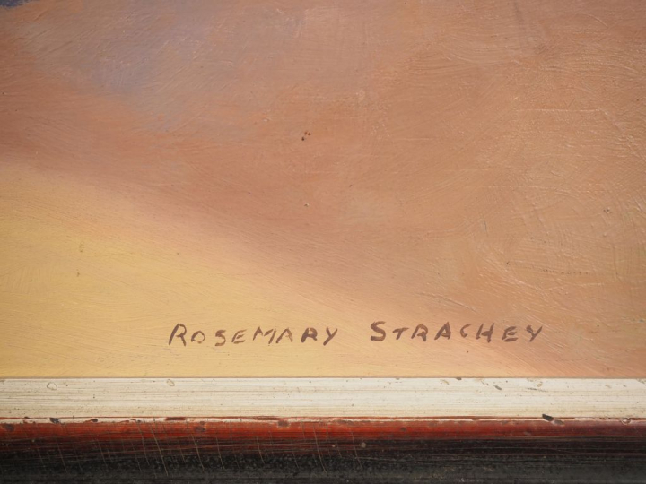 Rosemary STRACHEY. "Paysage espagnol". Huile sur panneau, signée en ba