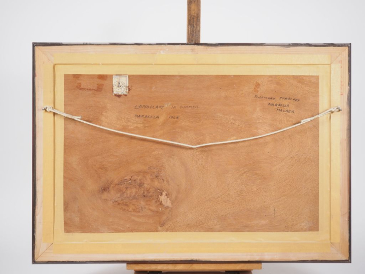 Rosemary STRACHEY. "Paysage espagnol". Huile sur panneau, signée en ba