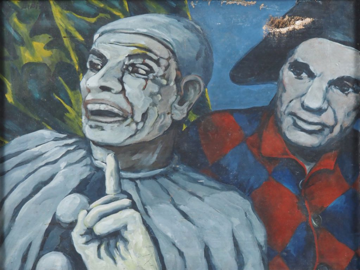 Ecole française XXème.  "Pierrot"  Huile sur toile Dim. 46 x 61 cm (ac