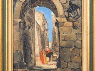 Vente aux enchères Ecole française XXème. "Village de la Turbie". Huile sur carton, titré