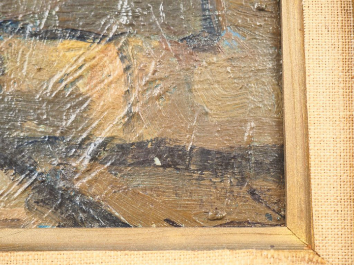 Ecole française XXème. "Village de la Turbie". Huile sur carton, titré