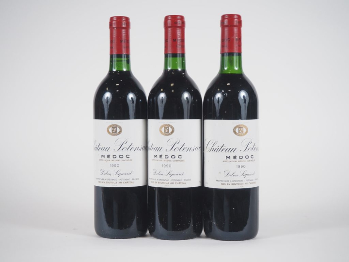 3 BOUTEILLES CHÂTEAU POTENSAC MÉDOC - 1990 - 2 BONS NIVEAUX/1 BG/ETLT