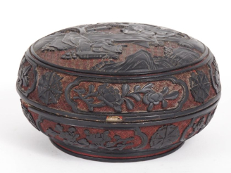 Vente aux enchères Chine, vers 1920 Boîte circulaire couverte en laque de cinabre sur âme