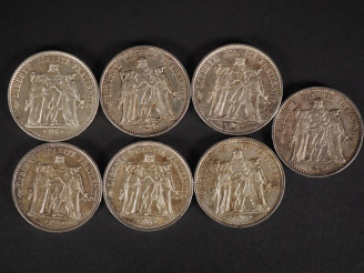 Vente aux enchères Ensemble comprenant sept pièces de 20 Francs argent, 1965 (x2), 1967 (