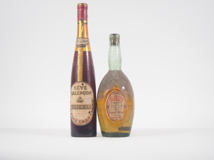 2 BOUTEILLES : 1 SÈVE SALENÇON CUSENIER/1 LIQUEUR DES ALPES MAURICETTE