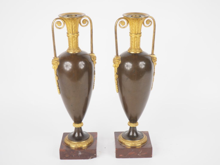 Paire de vases balustre XIXème de style Empire en bronze patiné et dor
