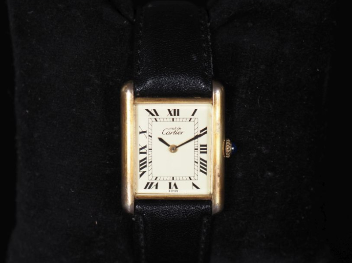 CARTIER, Must Montre bracelet en argent 925 plaqué or.  Boitier rectan