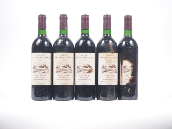 5 BOUTEILLES CHÂTEAU TERTRE ROTEBOEUF GC ST ÉMILION - 1990 - 1 BON NIV