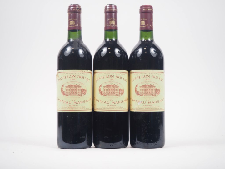 3 BOUTEILLES PAVILLON ROUGE DU CHÂTEAU MARGAUX - 1991 - 2 BONS NIVEAUX