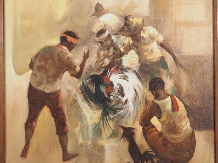 Ecole malgache XXème. "le combat de coqs" Huile sur toile, signée en b