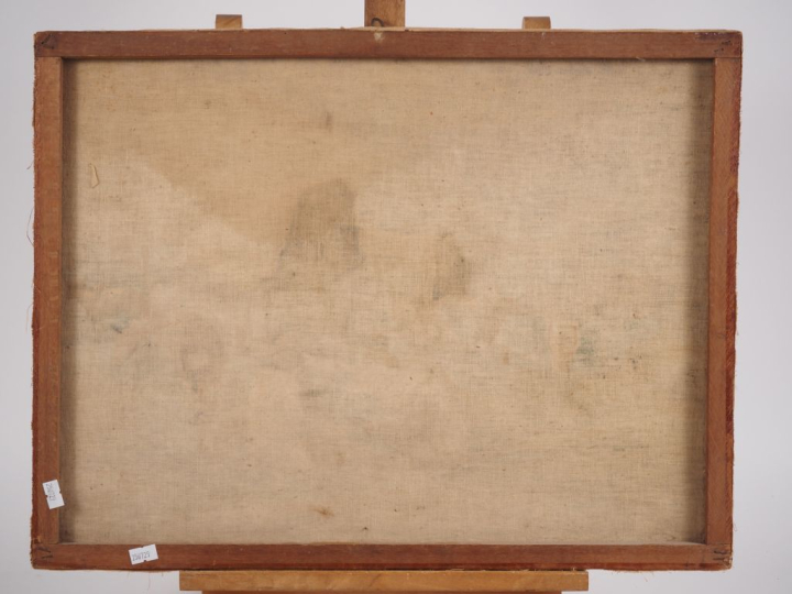 RANDRIA.  "Campement de bouviers malgaches" Huile sur toile, sigée en 