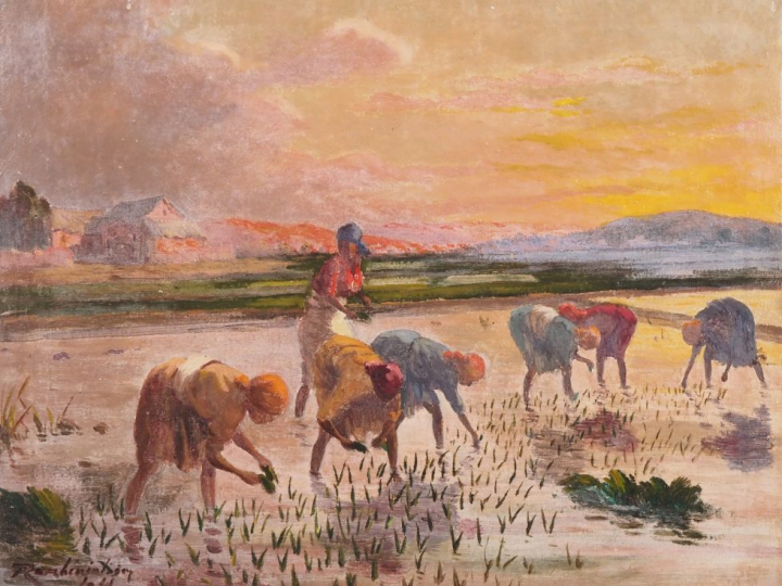 Jean RAMBININTSOA.  "dans la rizière" Huile sur toile, signée en bas à