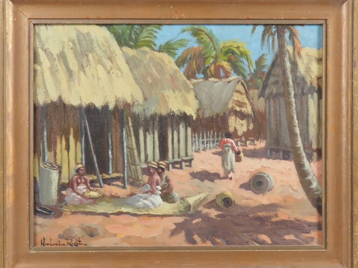 Ambroise RAKOTO. "village malgache animé" Huile sur toile, signée en b