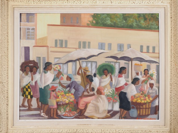 Alfred RAZAFINJOHANY.  "le marché aux fleurs" Huile sur toile, signée 