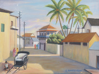 Vente aux enchères Alfred RAZAFINJOHANY.  "le village" Huile sur toile, signée en bas à d