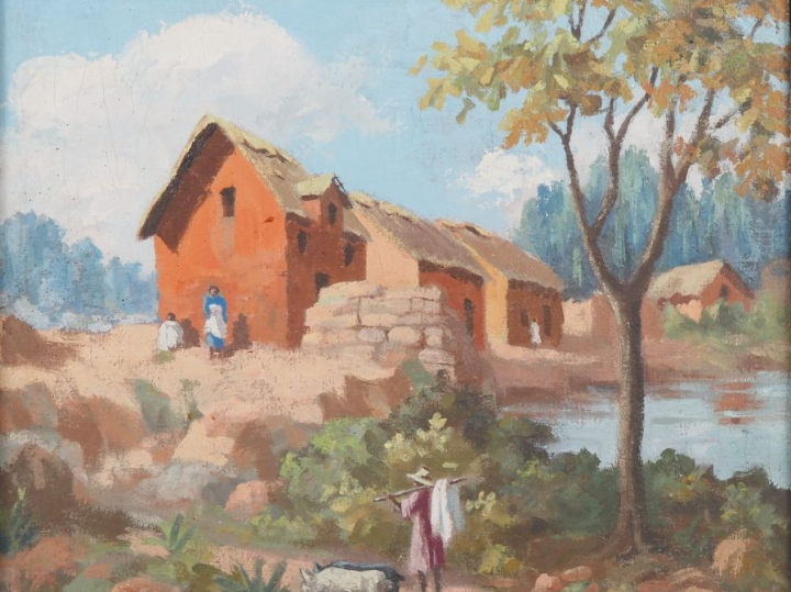 Ambroise RAKOTO.  "Paysage lacustre animé à Madagascar" Huile sur pann