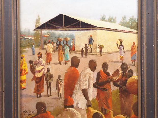 W. HUNTER.  "Marché à Madagascar" Huile sur carton, signée en bas à ga
