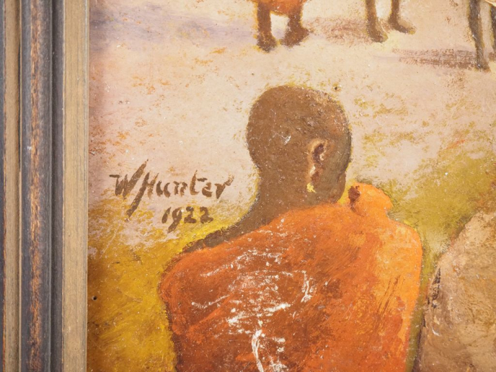 W. HUNTER.  "Marché à Madagascar" Huile sur carton, signée en bas à ga