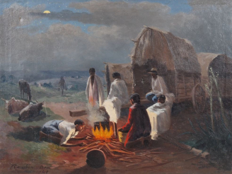 Vente aux enchères Jean RAMBININTSOA. "Campement de bergers à Madagascar" Huile sur toile