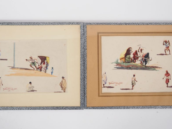 Gilbert RAKOTO.  "Etude de personnages" Paire d'aquarelles, signées en
