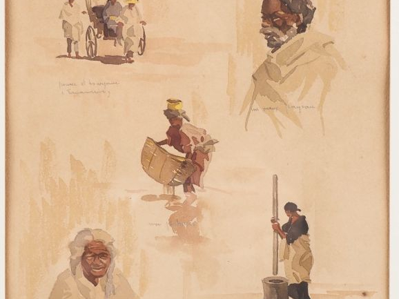 Joseph RAMANANKAMONJY.  "Etude de personnages"  Aquarelle signée en ba