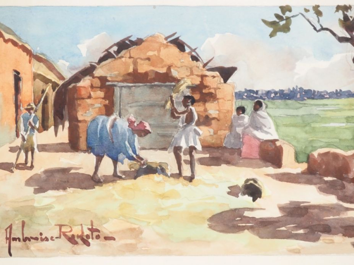 Ambroise RAKOTO. "famille malgache devant sa case" Aquarelle, signée e