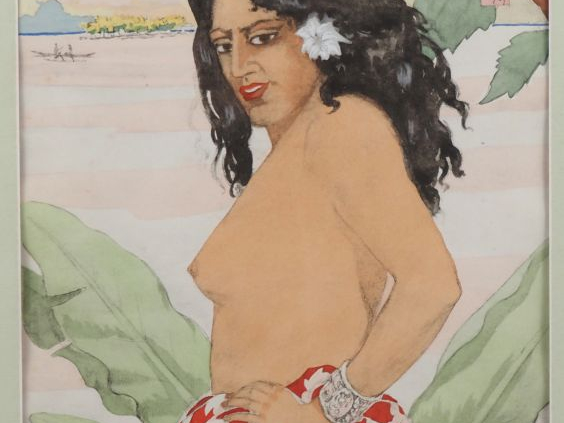 JP. ALAUX. (peintre de Tahiti) "La vahiné" Aquarelle, signée en haut à