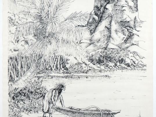 JM. POU. (peintre de Tahiti) "vue animée de Tahiti" Lithographie, en n