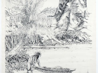 Vente aux enchères JM. POU. (peintre de Tahiti) "vue animée de Tahiti" Lithographie, en n