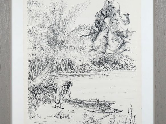 JM. POU. (peintre de Tahiti) "vue animée de Tahiti" Lithographie, en n