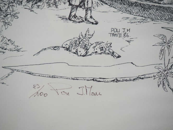 JM. POU. (peintre de Tahiti) "vue animée de Tahiti" Lithographie, en n