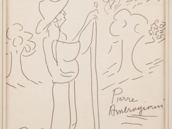 Pierre AMBROGIANI.  "le jardinier" Dessin au feutre, signé en bas à dr