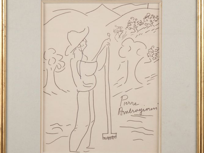 Pierre AMBROGIANI.  "le jardinier" Dessin au feutre, signé en bas à dr