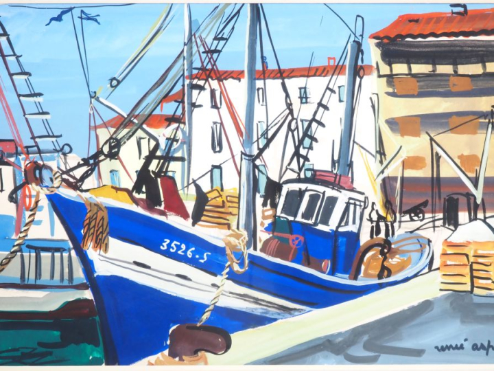 Renée ASPE.  "le port de St Jean de Luz" Gouache, signée en bas à droi