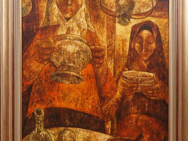 F. BAJEN.  "Le souper" Huile sur toile, signée en haut à droite  Dim. 