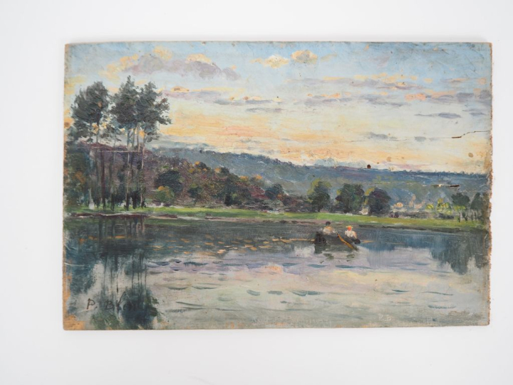 P. BLIN.  "paysage lacustre animé" Huile sur panneau, signée en bas à 