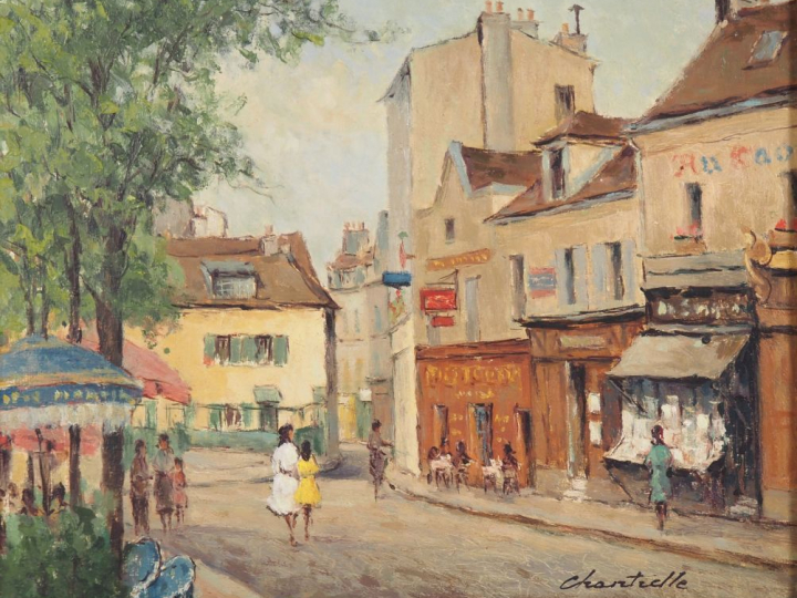 Lucien CHANTERELLE.  "place du Tertre à Montmartre" Huile sur panneau,