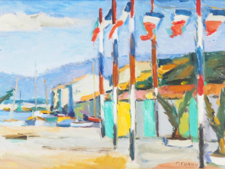 Vente aux enchères Pierre CORNU.  "village de bord de mer, le 14 juillet" Huile sur toile