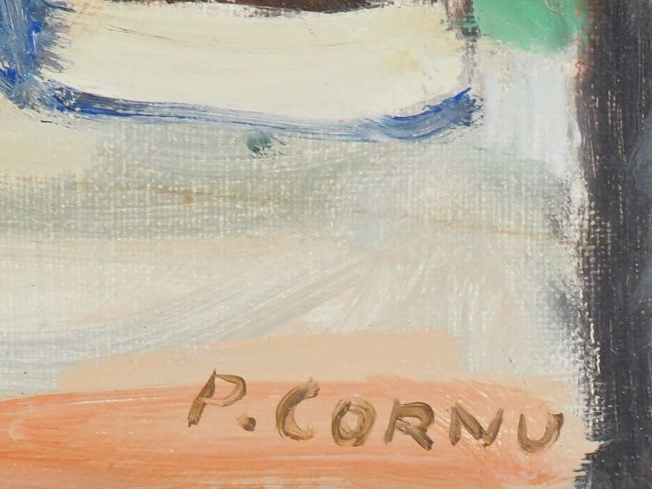 Pierre CORNU.  "village de bord de mer, le 14 juillet" Huile sur toile