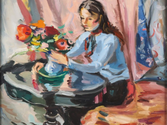 Vente aux enchères Pierre CORNU.  "Jeune fille faisant un bouquet de fleurs" Huile sur to