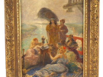 Vente aux enchères F. CORMON.  "Gulliver chez les géants" Huile sur toile, signée en bas 