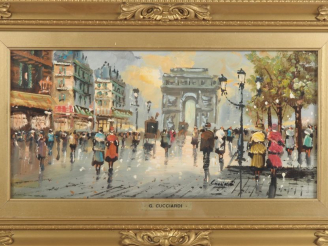 Vente aux enchères Q. CUCCIARDI.  "Paris, l'arc de Triomphe"  Huile sur panneau, signée e