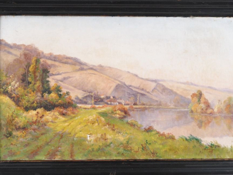 Vente aux enchères E. DELAHAGUES.  "bords de Seine à Lormais" Huile sur toile, signée en 