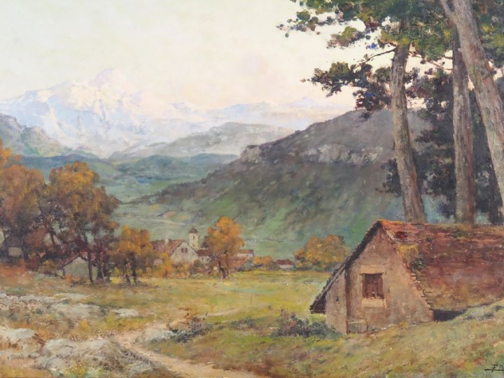 F. DESAIRE.  "paysage de montagne, le soir près d'Annecy" Huile sur pa