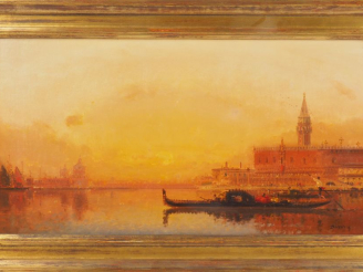 Vente aux enchères Henri DUVIEUX.  "Venise, le grand canal au soleil couchant" Huile sur 
