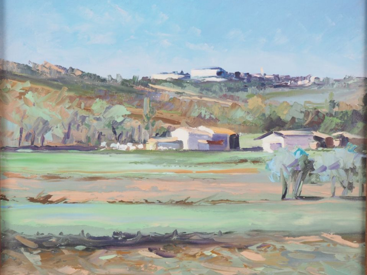 ESTEVE.  "Paysage de l'Aude  au printemps" Huile sur toile, signée en 