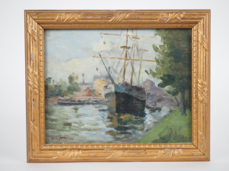 Vente aux enchères Alphonse FAURÉ.  "Bateaux sur la Seine à Saint Cloud" Huile sur pannea