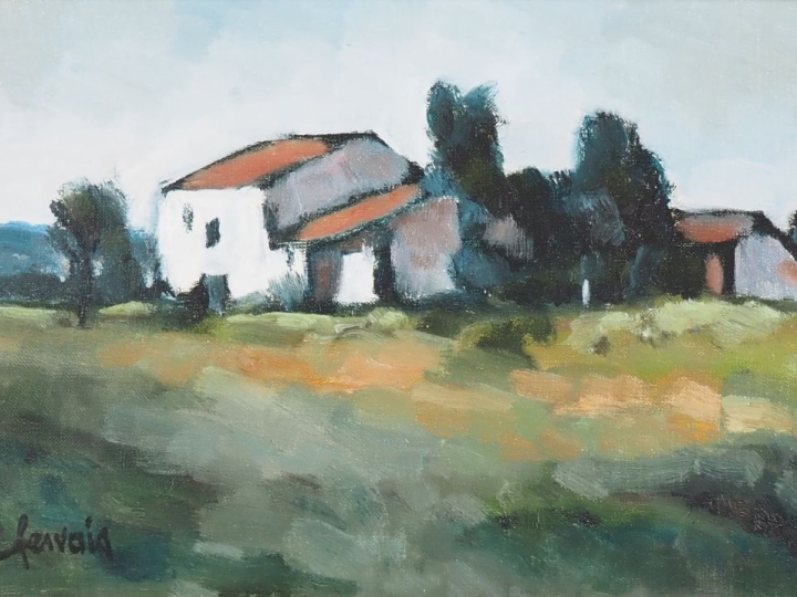 Gérard GERVAIS.  "Mas en Salanque" Huile sur toile, signée en bas à ga