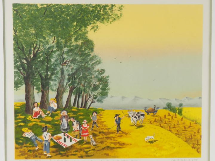 Mady de la Giraudière.  "scène de fenaison" Lithographie,signée et  nu